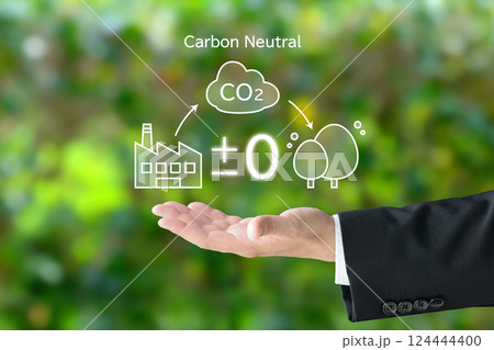 カーボンニュートラルを図解したイメージイラストを掲げるビジネスマンの手 124444400