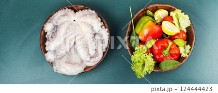 Raw octopus cooking preparation. Raw octopus cooking preparation. 124444423