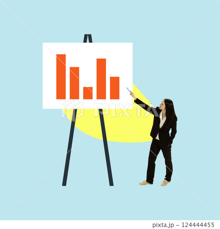 Contemporary art collage. Businesswoman, dressed formal attire, presenting data on flip chart. Focus on analytics, leadership, corporate growth. 124444455