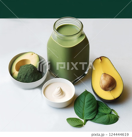 Avocado and spinach smoothie on a wooden background. Nearby is half an avocado and spinach 124444619
