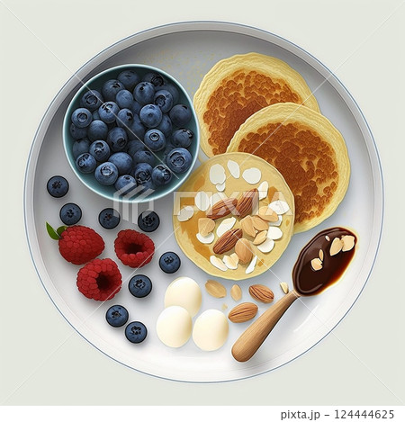Almond flour pancakes on a light background with berries and honey. 124444625