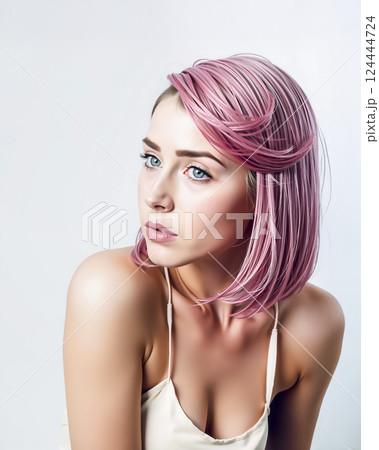 ピンク色の髪の毛の若い女性のイメージ素材　 124444724