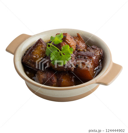 Pork boiled in the sweet gravy isolated on a white background. 124444902
