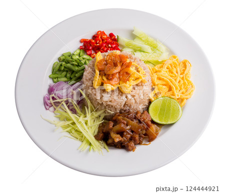 Thai-style Fried Rice with Shrimp Paste isolated on a white background. Thai-style Fried Rice with Shrimp Paste isolated on a white background. 124444921