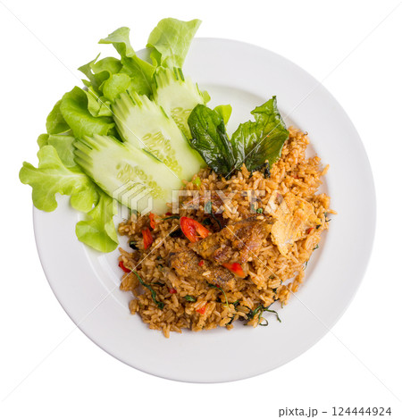 Holy Basil Fried Rice with Crispy Gourami Fish isolated on a white background. Holy Basil Fried Rice with Crispy Gourami Fish isolated on a white background. 124444924