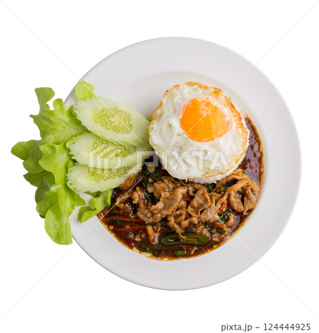 Holy Basil Fried Rice with pork and Fried Egg Sunny side Up isolated on a white background. 124444925