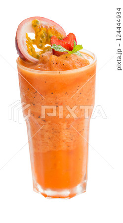 Strawberry and passion fruit smoothie isolated on a white background. Strawberry and passion fruit smoothie isolated on a white background. 124444934