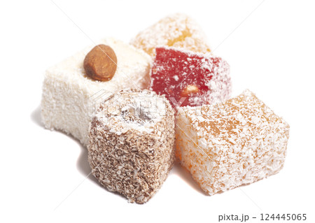 Traditional Turkish delight isolated on white background. 124445065