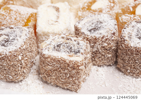 Traditional Turkish delight isolated on white background. 124445069