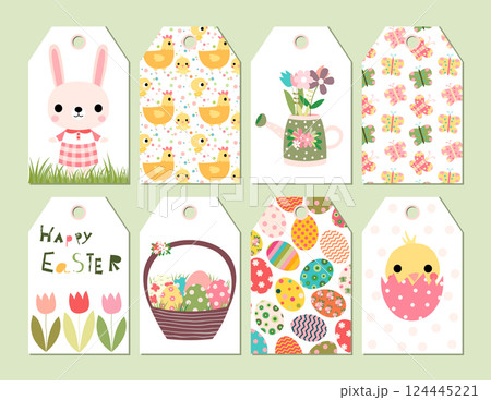 Vector set of Happy Easter and spring cute gift tags or cards with drawings of bunny, chickens and other design elements Vector set of Happy Easter and spring cute gift tags or cards with drawings of bunny, chickens and other design elements 124445221