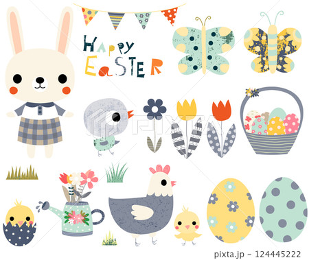 Happy Easter fun vector set with cute animals - bunny, peeps and butterflies for greeting cards, invitations and kids projects. Happy Easter fun vector set with cute animals - bunny, peeps and butterflies for greeting cards, invitations and kids projects. 124445222