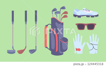 Cartoon Color Various Golf Equipment Set Sport Concept Flat Design Style. Vector illustration of Player Bag, Gloves, Sunglasses and Golfing Stick 124445318
