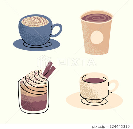 Cartoon Color Different Hot Coffee Drinks Set with Line Art Elements with Whipped Cream and Cinnamon Sticks. Vector illustration 124445319