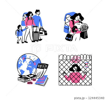 Cartoon Color Migration Concept Displaced Lives Scenes Set with Women and Men Flat Design Style. Vector illustration 124445340