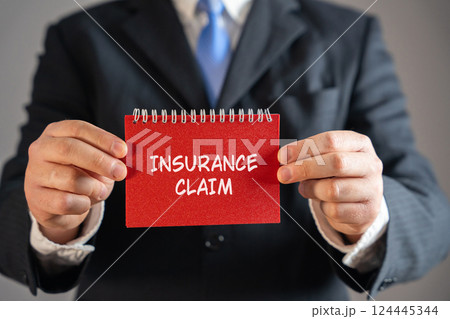 Insurance claim concept. Formal request made by a policyholder to an insurance company for compensation or coverage based on the terms of their policy. Business and finance. Notes in male hands 124445344