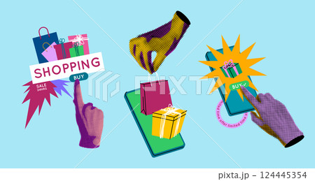 Online Shopping Concept with Smartphone and Realistic Halftone Dotted Human Hands Contemporary Art Collage Elements. Vector illustration Online Shopping Concept with Smartphone and Realistic Halftone Dotted Human Hands Contemporary Art Collage Elements. Vector illustration 124445354