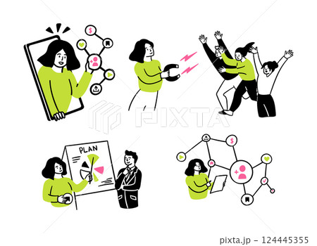 Cartoon Color Social Media Marketing Analytics Art Concept Scenes Set with Women and Men Flat Design Style. Vector illustration 124445355
