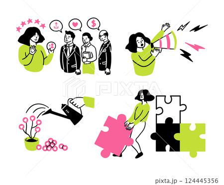 Cartoon Color Social Media Marketing Branding Blueprint Concept Scenes Set with Women and Men Flat Design Style. Vector illustration Cartoon Color Social Media Marketing Branding Blueprint Concept Scenes Set with Women and Men Flat Design Style. Vector illustration 124445356