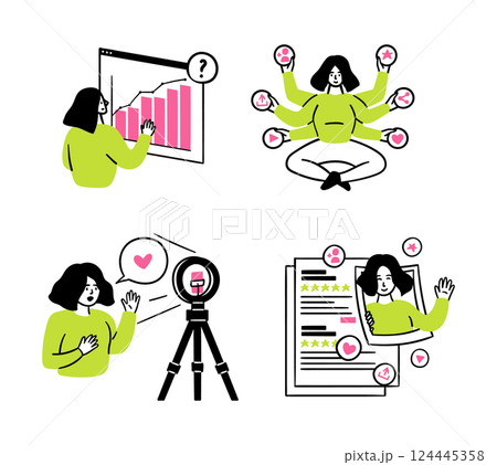 Cartoon Color Social Media Marketing Content Development Concept Scenes Set with Women Flat Design Style. Vector illustration 124445358