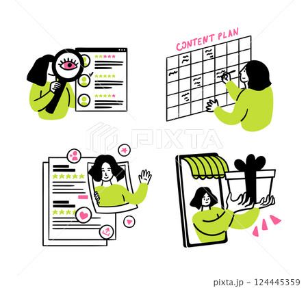 Cartoon Color Social Media Marketing Content Plan Concept Scenes Set with Women Flat Design Style. Vector illustration 124445359