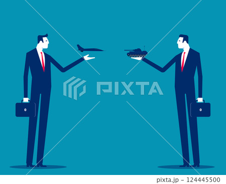 Business people holding tank and airplane. Proxy war vector Business people holding tank and airplane. Proxy war vector 124445500