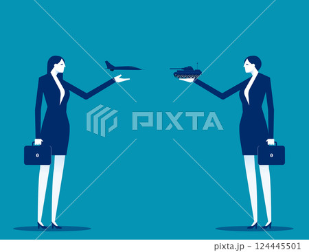 Business people holding tank and airplane. Proxy war vector Business people holding tank and airplane. Proxy war vector 124445501