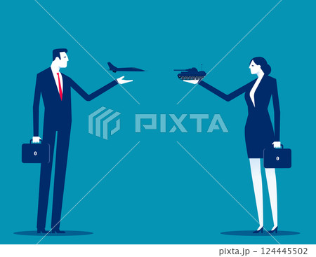 Business people holding tank and airplane. Proxy war vector Business people holding tank and airplane. Proxy war vector 124445502