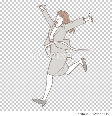 一位女商人衝過終點線的插圖 124445519