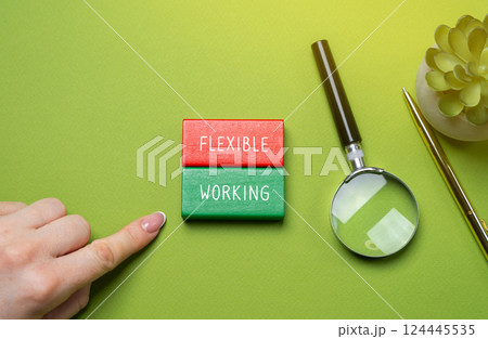Flexible working. Work arrangements that allow employees to have some control over when, where, and how they work, rather than adhering to a traditional 9-to-5 schedule. Wooden blocks with inscription Flexible working. Work arrangements that allow employees to have some control over when, where, and how they work, rather than adhering to a traditional 9-to-5 schedule. Wooden blocks with inscription 124445535