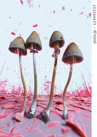 Psychedelic Mushrooms Display on Neon Pink Background for 70s, Y2K Aesthetic 124445537