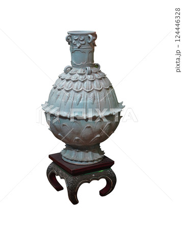 front view antique blue ceramic vase put on brown wooden small chair on white background, fashion, decor, decoration, copy space 124446328