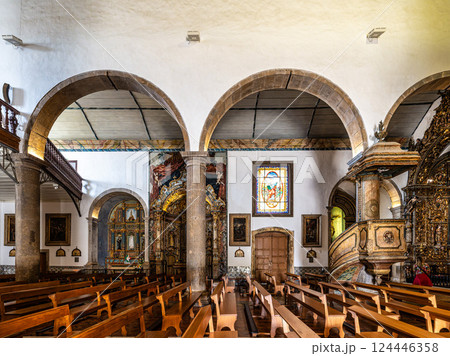 Faro, Portugal - Feb 16, 2025: Interior of Sao Pedro church, Igreja de Sao Pedro in Faro, Portugal. Faro, Portugal - Feb 16, 2025: Interior of Sao Pedro church, Igreja de Sao Pedro in Faro, Portugal. 124446358