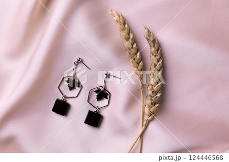 Female Jewelry. Vintage bijouterie jewelry handmade. Flat lay, top view copy space and empty space for text Female Jewelry. Vintage bijouterie jewelry handmade. Flat lay, top view copy space and empty space for text 124446568
