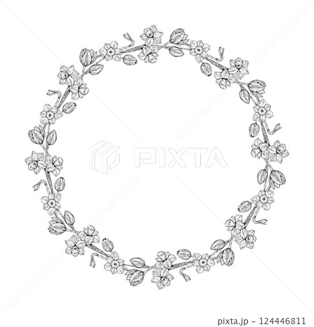 Vector illustration of a round floral wreath made of daffodil flowers and buds. Hand drawn in monochrome ink line art style. Perfect for spring greeting cards, Easter, or decorative design. 124446811