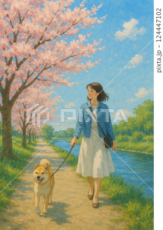 桜土手を犬と散歩する女性 124447102