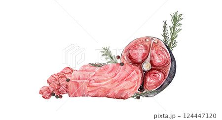 Raw tuna steak, sliced fillet, and cubes with black pepper and rosemary sprigs Raw tuna steak, sliced fillet, and cubes with black pepper and rosemary sprigs 124447120