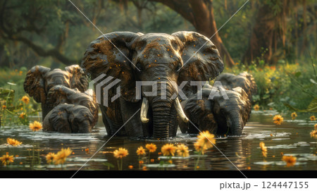 Elephant herd walking through vibrant floral stream in dense jungle 124447155