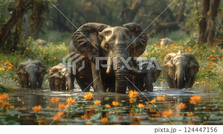 Elephant family bathing in tranquil jungle waters surrounded by blooming flowers 124447156