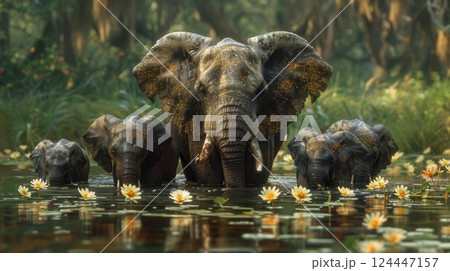 Majestic elephants wading through lush water lily pond in serene jungle environment 124447157