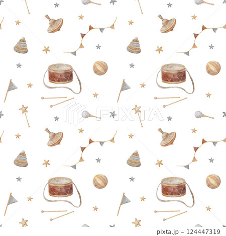 Seamless pattern wooden toys, drum, spinning top, pyramid, ball, rattle in stars and garland of flags in pastel colors. Watercolor illustration on white background for textile design, fabric packaging 124447319