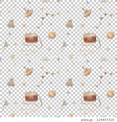 Seamless pattern wooden toys, drum, spinning top, pyramid, ball, rattle in stars and garland of flags in pastel colors. Watercolor illustration on white background for textile design, fabric packaging 124447319