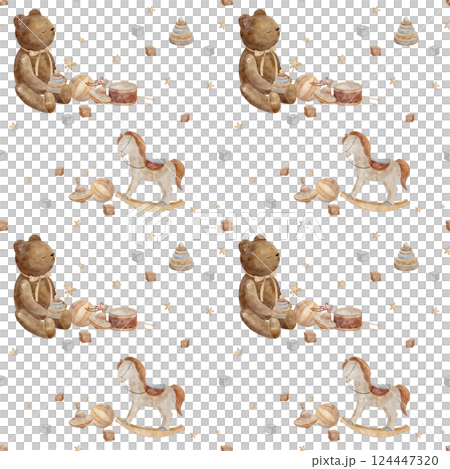 Seamless pattern vintage toys teddy bear, swing horse beige pastel color. Watercolor illustration on isolated white background for textile design, fabric, packaging, children's clothing, baby, dolls 124447320