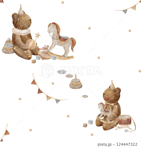 Watercolor pattern teddy bears, rocking horse, festive garland. Seamless print in retro style. Children's illustration on an isolated background for design, fabric, clothes, textiles, packaging, cards Watercolor pattern teddy bears, rocking horse, festive garland. Seamless print in retro style. Children's illustration on an isolated background for design, fabric, clothes, textiles, packaging, cards 124447322