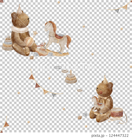 Watercolor pattern teddy bears, rocking horse, festive garland. Seamless print in retro style. Children's illustration on an isolated background for design, fabric, clothes, textiles, packaging, cards Watercolor pattern teddy bears, rocking horse, festive garland. Seamless print in retro style. Children's illustration on an isolated background for design, fabric, clothes, textiles, packaging, cards 124447322