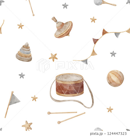 Watercolor pattern wooden toys, drum, spinning top, pyramid, ball, rattle in stars and garland flags. Seamless print in retro style. Children's illustration on isolated background for design, fabric 124447323