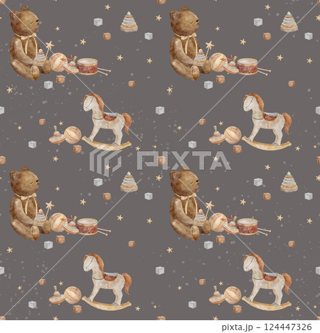 Watercolor pattern with illustrations of retro toys teddy bear, swing horse on gray background. Seamless print cartoon style for design, fabric, clothes, printing textiles, fabrics, packaging, cards 124447326