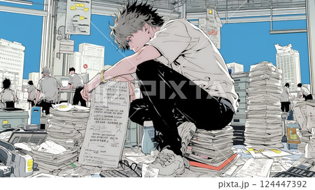 期日には間に合いそうもない書類の山と格闘中のビジネスパーソン達