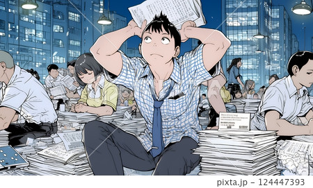 期日には間に合いそうもない書類の山と格闘中のビジネスパーソン達