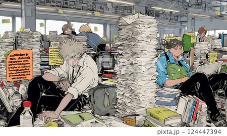 期日には間に合いそうもない書類の山と格闘中のビジネスパーソン達