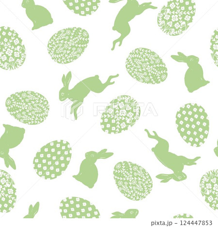 Adorable Easter holiday pattern. Festive hand-drawn seamless design featuring playful doodles of eggs and bunnies. Perfect vector illustration for holiday celebrations. 124447853
